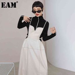 [EAM] Women Black Pu Leather Thick Long Spaghetti Strap Dress Sleeveless Loose Fit Fashion Spring Autumn 1DD0471 21512