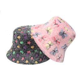 Fashion Korean Men Women Caps Winter Warm Butterfly Five Star Print Panama Bucket Hat Casual Cute White Pink Fisherman Hats