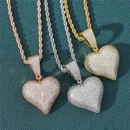 Heart Shape Solid Back Pendant Necklace with Rope Chain Iced Out Zircon Mens Hip Hop Jewelry Gift