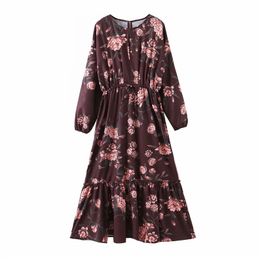 Stylish retro floral print midi dress O Neck long sleeve female casual stylish A line es vestidos 210430
