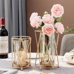 Golden Glass Flower Vase Metal Crystal Candle Holder Nordic Style Home Decoration Terrarium Living Room Centre Table Accessories 211215