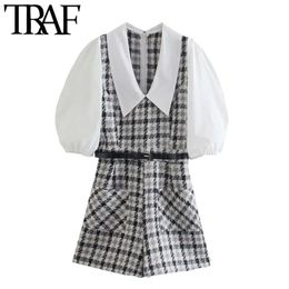 Women Fashion With Belt Patchwork Tweed Playsuits Vintage Puff Sleeve Back Zipper Female Jumpsuits Mujer 210507