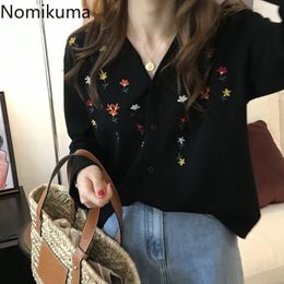 Nomikuma Flower Embroidery Vintage Cardigan Women V Neck Long Sleeve Single Breasted Knitted Sweater Casual Retro Knitwear 3d844 210514