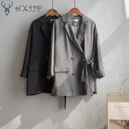 HXJJP Spring Women Blazer Black Long Sleeve Korean Loose Thin Versatile Casual Suit Coat Solid OL Jackets with Belt 210607