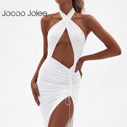 Jocoo Jolee Women Summer Sexy Front Cross Halter Backless Irregular Hollow Pleated Leg Open Gown Solid Party Club Dress 210619