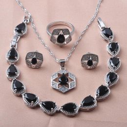 Earrings & Necklace St Silver Plated Jewelry Sets For Women Wedding Black Zirconia Rings Bracelet Birthday Gifts YZ0641
