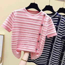 Summer Women's Short Sleeves Stripe Knitted O Neck T-Shirt Tee Girls Pullover Casual Tops Tees A2877 210428