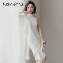 White Patchwork Ruffle Dress For Women Stand Collar Sleeveless High Waist Bodycon Dresses Female Summer 210520