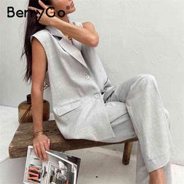 BerryGo Gray sleeveless woman suits Summer casual loose suit Chic suit collar woman sets Sleeveless top high waist pants suit 210727