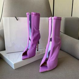 2022 Spring New Women Stretch Lycra Ankle Boots Sexy Open Toe Stiletto Heels Short Boots Woman Slip On Elastic Boot De Mujer