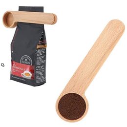 Wooden Coffee Scoop With Bag Clip Tablespoon Solid Beech Wood Measuring Tea Bean Spoons Clips Gift BBE13239