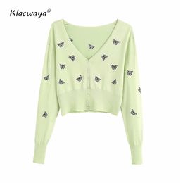 Women Fashion Butterfly Embroidery Cropped Knitted Cardigan Single Breasted V-Neck Long Sleeve Sweet Sweaters Chic Tops 210521