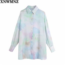 Women Vintage Tie Dye Print Casual Loose Blouse Office Ladies Long Sleeve Breasted Shirt Chic Oversize Blusas Tops 210520