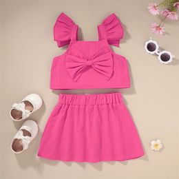 Summer Children Sets Casual Sleeveless O Neck Bow Tops Pink Solid Skirt 2Pcs Girl Boys Clothes 18M-6T 210629