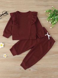 Baby Waffle Knit Ruffle Trim Pullover & Knotted Front Sweatpants SHE