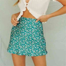 Flower print skirts for women autumn winter mini female A line short green office lady faldas 210427