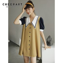 Vintage Yellow Summer Mini Dress Women Button Up Puff Sleeve Loose Collar Korean Fashion Clothing 210427