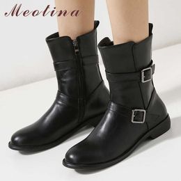 Meotina Winter Ankle Boots Women Boots PU Leather Zipper Flat Short Boots Buckle Round Toe Shoes Lady Autumn Big Size 33-46 210608