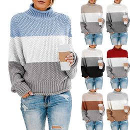 Turtleneck Sweater Women Autumn Winter Casual Colour Matching Thick Line Oversized Sweaters Female Warm Knitted Jumpers Tops 210526