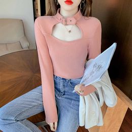 Buckle Halterneck Sexy Womens T Shirt Harajuku Long Sleeve Cotton Top Streetwear Tshirt Women Tight Tees y2k aesthetic 210604