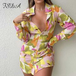 FSDA 2021 Floral Print Long Sleeve Shirt Dress Women V Neck Spring Summer Mini Sexy Beach Casual Bodycon Party Dresses Y0603