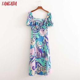 Tangada Summer Women Flowers Print French Style Long Dress Puff Short Sleeve Ladies Bow Sundress 1D256 210609