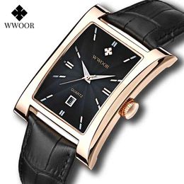 WWOOR Watch Men Top Brand Luxury Gold Black Square Watches For Men Leather Waterproof Date Clock Business Quartz Wrist Watch Box 210527