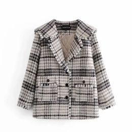 Women's Fashion Tweed Plaid Suit Jacket Retro Shawl Lapel Single-Breasted Coat Streetwear 210521