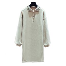 Khaki Grey Turn Down Collar Long Sleeve Sport Dress Knee Length Autumn Solid Diamond Button D0864 210514