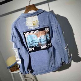 Plus Size Where Is My Mind Korea Kpop Frayed Letter Patch Bomber Jeans Jacket Women Ripped Denim Coat Female Streetwear Harajuku 210922