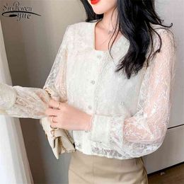 Spring Mesh Hollow Out Blouses Embroidered Lace Up Top French Style Sweet Shirt Women Fashion V-neck Collar Tops 13212 210427