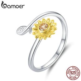 Genuine 925 Sterling Silver Sunflower Open Finger Rings for Women Gold Colour Daisy Flower Korea Style Jewellery BSR127 211217