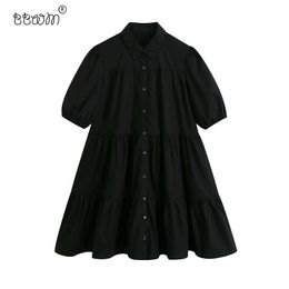 BBWM Women Chic Fashion Buttons Loose Ruffled Mini Dress Vintage Lapel Collar Puff Sleeve Dresses Vestidos Mujer 210520