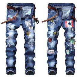 Mens High Quality Style Jeans,Slim&Straight Stretch Denim Jeans,Embroidery Patch Badge&Torn Hole Decors Denim Pants; 211011