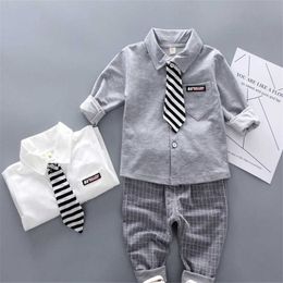 Infant Gentleman Tie Shirt Pants 2Pcs/Set 2019 Autumn Children's Boys Clothes Tracksuits Cotton Kids Outfit Clothing Casual Suit X0802