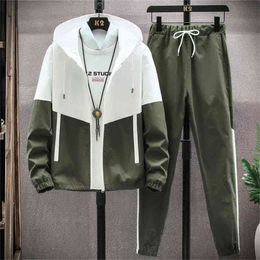 Men Tracksuit Casual Hoodies Sets Spring Male Jackets+Pants Two Piece Sets Hip Hop Streetwear Sports Suit Patchwork 210806