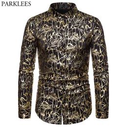 Mens Rose Gold Shiny Flowered Printed Stylish Slim Fit Long Sleeve Mandarin Collar Shirt Hippie Club Social Shirt Chemise Homme 210522