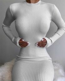 CHRONSTYLEWomen Dress Sexy Fall Autumn Knitted Long Sleeve Warm Dresses Backless Turtleneck Lace-up Solid Color Pencil Vestidos Y0603