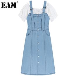 [EAM] Women Blue Fake Two Spliced Pleated Dress Square Neck Puff Short Sleeve Loose Fit Fashion Spring Summer 1DD8298 210512
