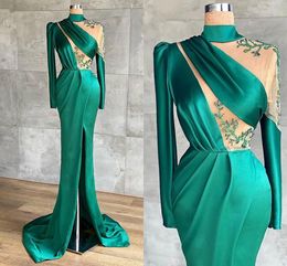 Dubai Arabic Charming Green Long Sleeve High Neck Mermaid Prom Dresses See Through Floor Length Evening Gowns Front Split Beadings Satin Formal Dress Custom Made