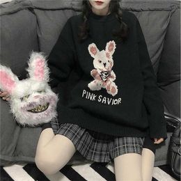 Autumn Winter Harajuku bunny Knitting Sleeve Sweater Casual Long Women Printed Loose Boyfriend Pullover Gothic punk 211007