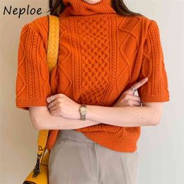 Loose Crazy Style Twist Knit Sweater Women High Neck Pullover Short Sleeve Warm Pull Femme Autumn Winter Solid Sueter 210422