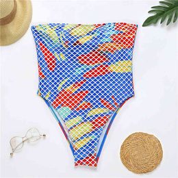 Women's Bandeau Swimsuit Strapless Swimwear Ladies Retro Bandage Bathing Suit Padded High Cut Monokini Mesh 210520