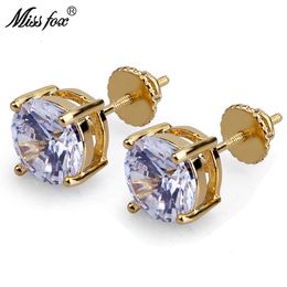 Hiphop Fashion Men's Stud Earrings 24K Gold Plated Round Zirconia Jewelry 8MM Piercing Male