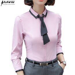 New Fashion Women Shirt Autumn Formal Elegant Patchwork Tie Long Sleeve Slim Blouse Office Ladies Work Wear Plus Size Tops 210317