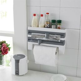 Kitchen Fresh-keeping Film Storage Rack Multi-functional Foil Barbecue Paper Towel Wall Mounted With Cutter 211102