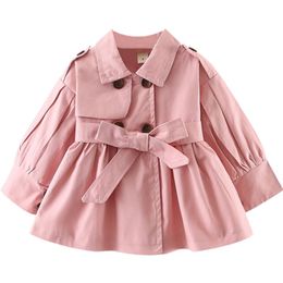 Coat Cute Korean Style Pink Colour Loose Windbreaker Jackets Coats Baby Big Bow Waistband Outerwear Children Autumn Winter Clothes