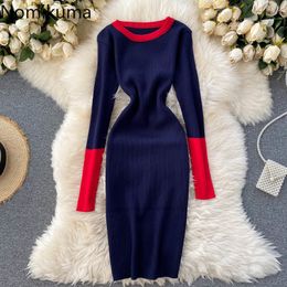 Nomikuma Women Hit Colour O-neck Bodycon Dress Autumn Long Sleeve Stretch Knit Sweater Dress Elegant Slim Waist Dress 6C231 210427