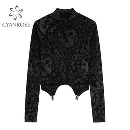 Stand Collar Long Sleeve Crop T Shirt Women Black Chic Print Spring Vintage Streetwear Party Clubwear Ins Tops Tees 210515