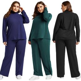 Winter Women's Pajama Set Oversize 2XL-5XL Sweat Suit For Women Comfortable Cotton Fabric Turtleneck Top+Loose Pants 2 Piece Set 210528